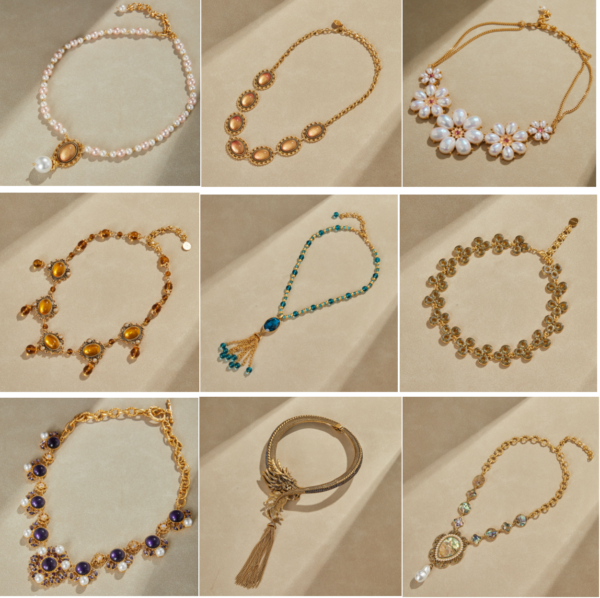 Elegant 18K gold-plated necklace pendant, retro luxury artificial gemstone design, suitable for daily wear and special occasions