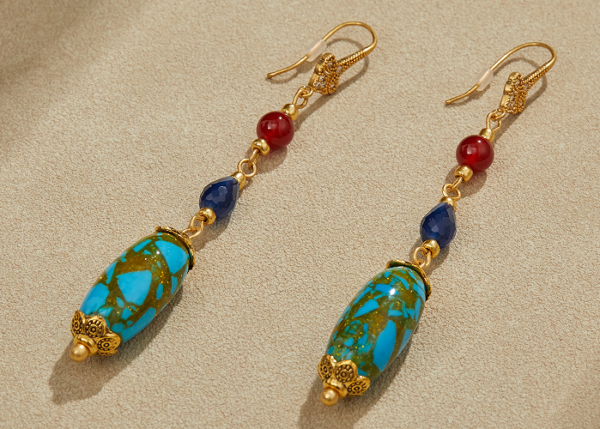 18K Gold Vintage Earrings – Handcrafted, Imitation Gemstone Design, Classic and Elegant Women’s Jewelry - 图片 15