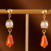 Heavy craftsmanship handmade 18K gold earrings – red agate pearl earrings lapis lazuli red glass earrings - 图片 2
