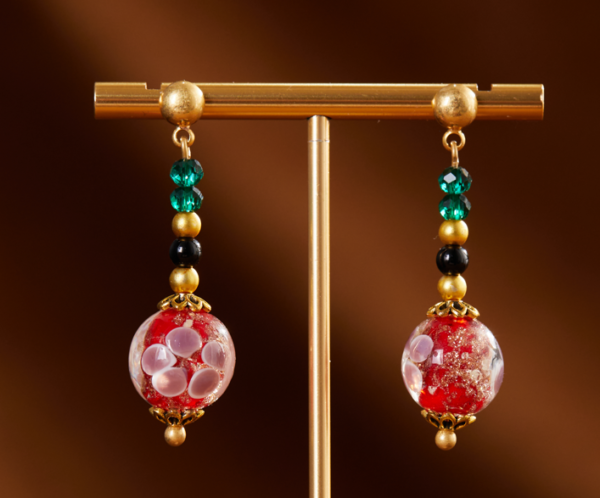 Heavy craftsmanship handmade 18K gold earrings – red agate pearl earrings lapis lazuli red glass earrings - 图片 3