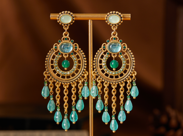 Retro-style 18K gold earrings, gold-plated design and gemstones, full of fashion charm - 图片 4